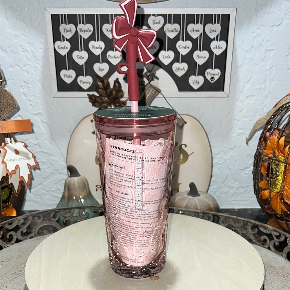 🎀NWT🎀Starbucks 2025 Holiday Pink Speckled Glass Tumbler with Bow Topper Accent